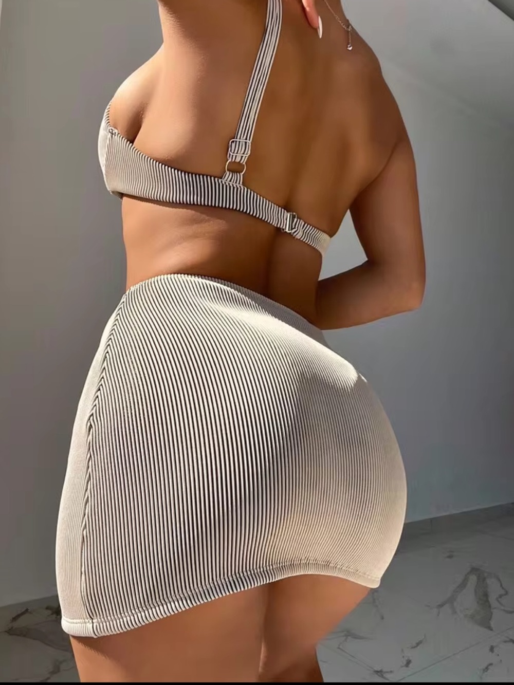 3 pc Swim Suit Set ~ Ribbed Cream Mini Skirt - Women - Size XL - Picture 3 of 9
